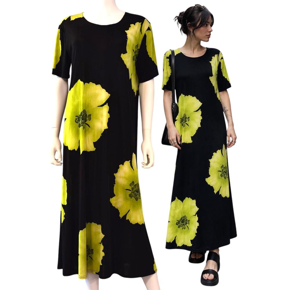 Black Green Floral Midi Dress Size L/XL Short Sleeve Cruise Resort Artsy Vtg 90s